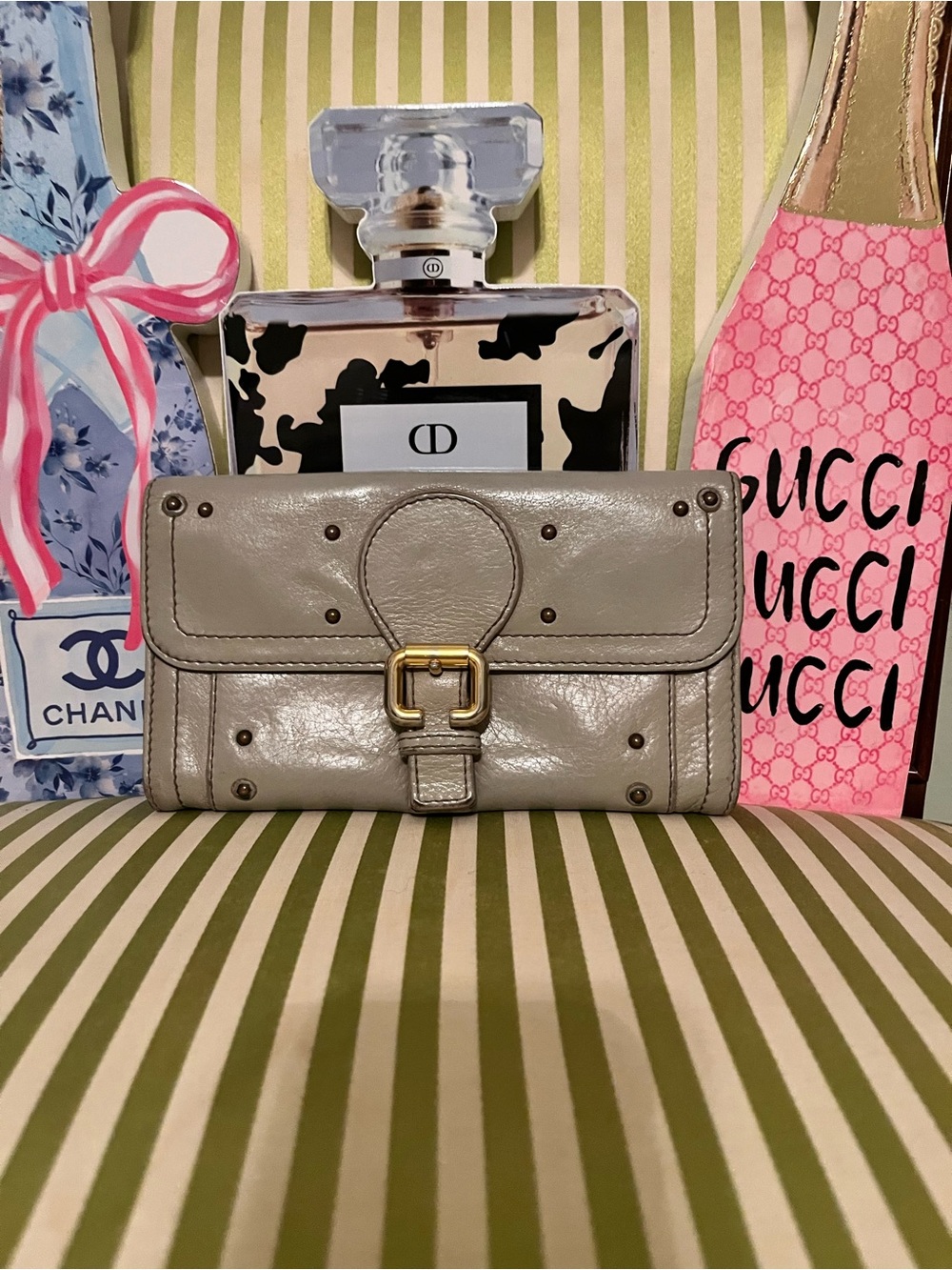 Chloe Taupe Leather Flap Wallet with Gold Buckle